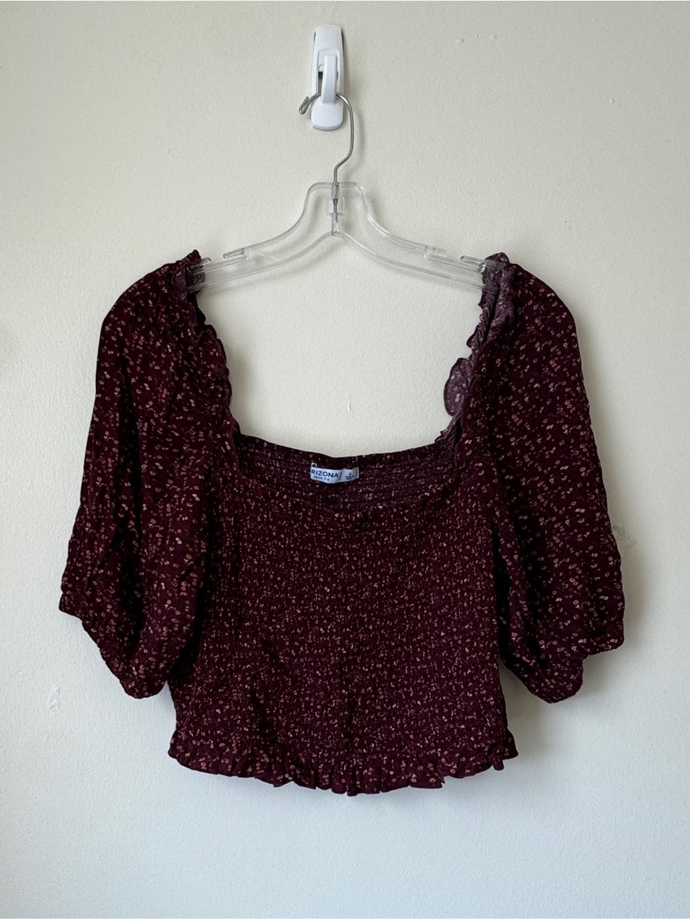 Arizona Jean Co Burgundy Floral Smocked Crop Top Puff Sleeve Size Large